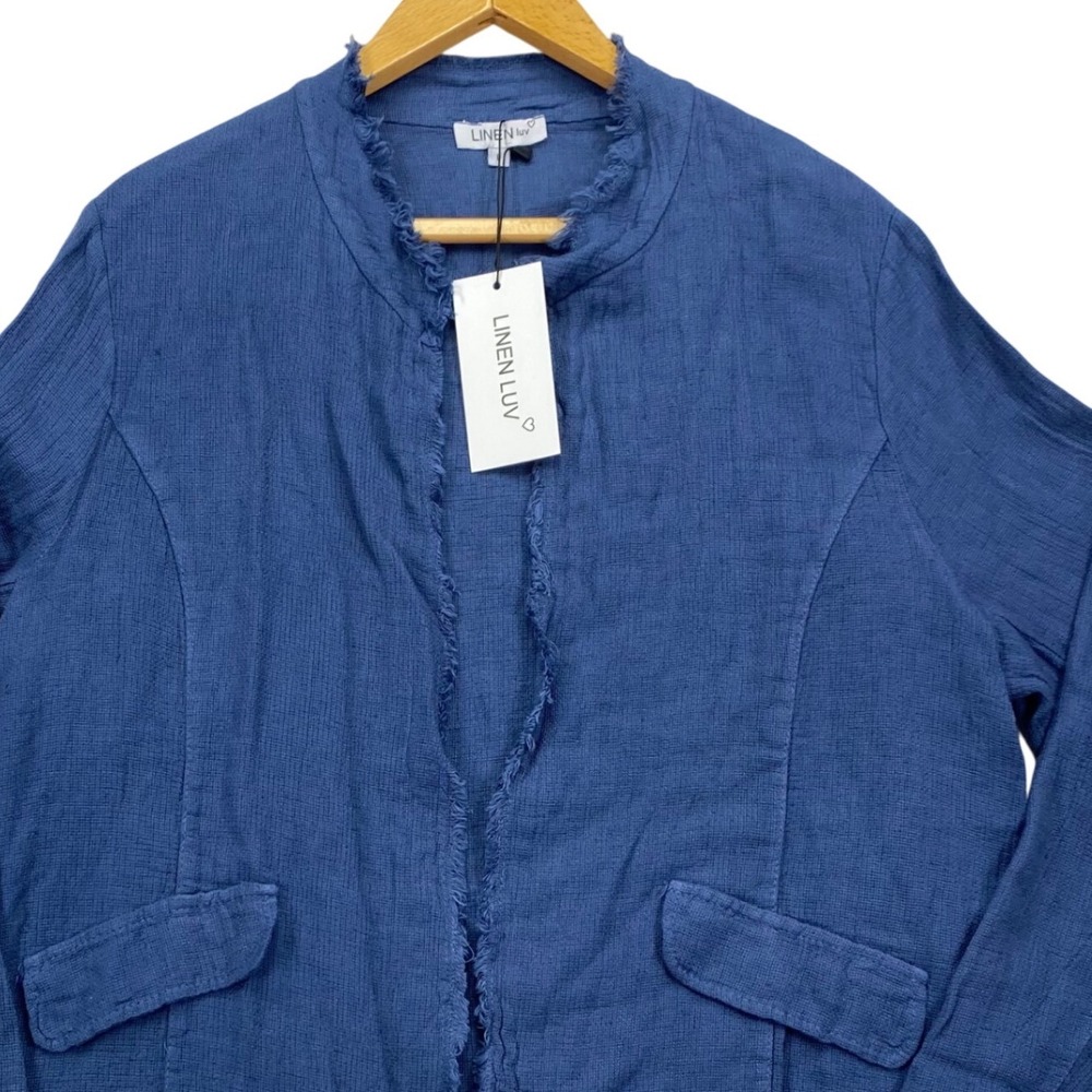Linen Luv Euro Blazer Womens L Blue Linen Cotton Raw Edge Made In Italy TP979